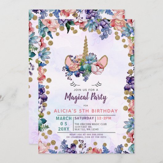 Unicorn Face Glitter Floral Birthday Invitation Kaart (Voorkant / Achterkant)