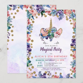 Unicorn Face Glitter Floral Birthday Invitation Kaart