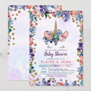 Unicorn Face Glitter Floral Girl Baby shower Kaart