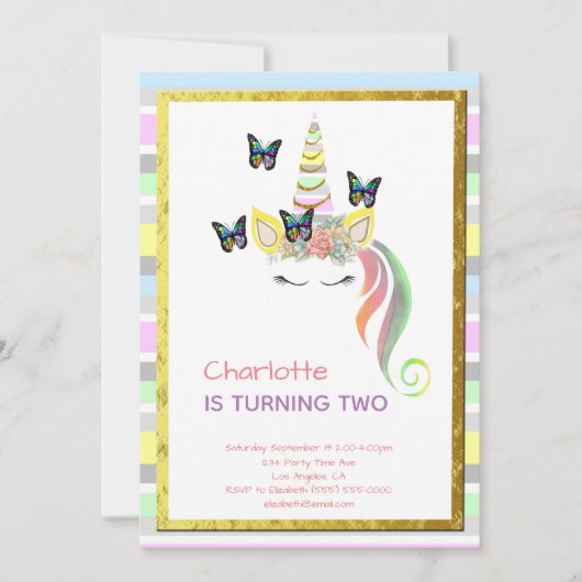 Unicorn Face Pastel Stripes Tweede verjaardag Kaart (Voorkant)