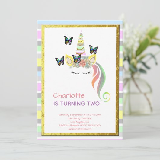Unicorn Face Pastel Stripes Tweede verjaardag Kaart (Staand voorkant)