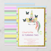 Unicorn Face Pastel Stripes Tweede verjaardag Kaart (Voorkant / Achterkant)