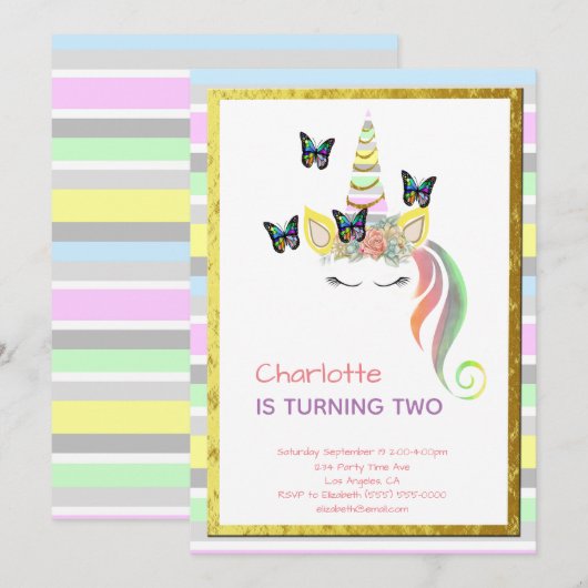 Unicorn Face Pastel Stripes Tweede verjaardag Kaart (Voorkant / Achterkant)