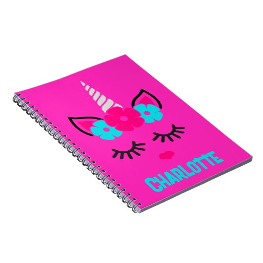 Unicorn Face Pink en Aqua| Aangepaste naam Notitieboek (Rechterzijde)