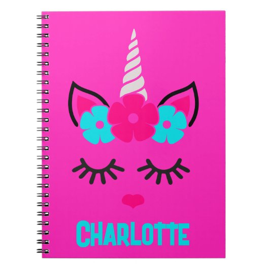 Unicorn Face Pink en Aqua| Aangepaste naam Notitieboek (Voorkant)