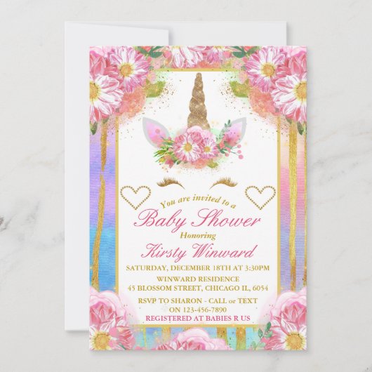 Unicorn Face Pink Gold Baby shower Uitnodiging (Voorkant)