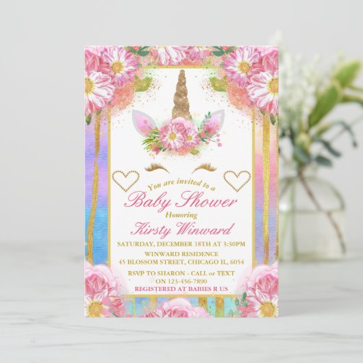 Unicorn Face Pink Gold Baby shower Uitnodiging (Staand voorkant)