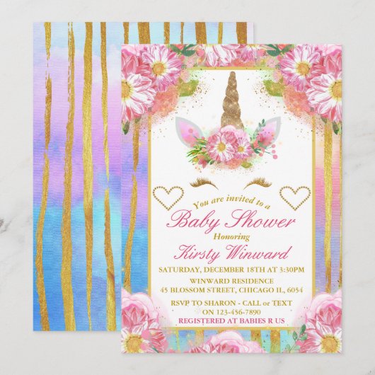 Unicorn Face Pink Gold Baby shower Uitnodiging (Voorkant / Achterkant)