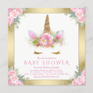 Unicorn Face Pink Gold Baby Shower-uitvindingen Kaart