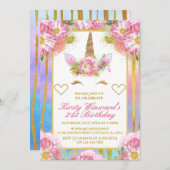 Unicorn Face Pink Gold Birthday Party Kaart (Voorkant / Achterkant)