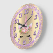 Unicorn Face Pink Gold Girly Glitter Spark Violet Grote Klok (Hoek)