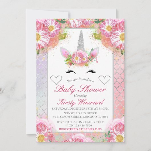 Unicorn Face Pink Silver Baby shower Kaart (Voorkant)