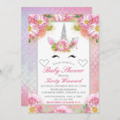 Unicorn Face Pink Silver Baby shower Kaart (Voorkant / Achterkant)