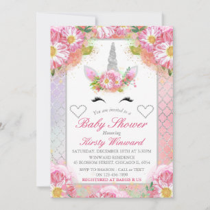 Unicorn Face Pink Silver Baby shower Kaart