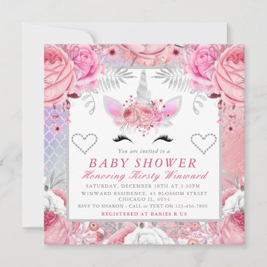 Unicorn Face Pink Silver Baby shower Square Kaart (Voorkant)