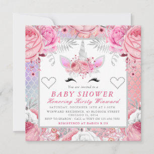 Unicorn Face Pink Silver Baby shower Square Kaart