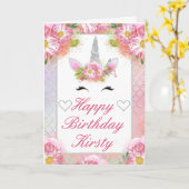 Unicorn Face Pink Silver Birthday Kaart (Gele Bloem)