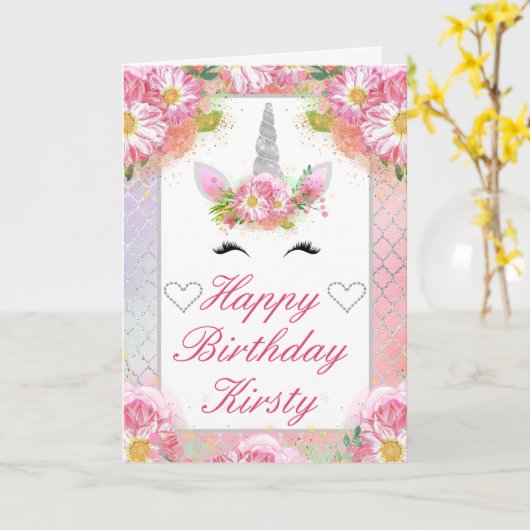 Unicorn Face Pink Silver Birthday Kaart (Gele Bloem)