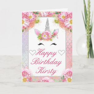 Unicorn Face Pink Silver Birthday Kaart
