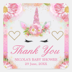 Unicorn Face & Waterverf Pink Flowers Baby shower Vierkante Sticker