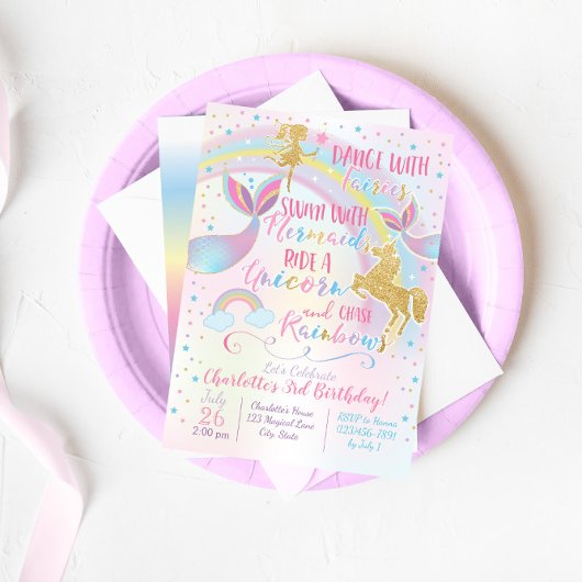 Unicorn Fairy Mermaid Birthday Magical Invitation Kaart