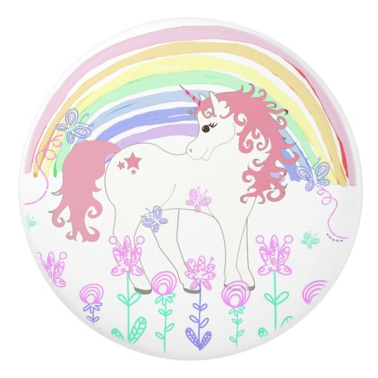 Unicorn Fairy Tale, Rainbow, Flowers en Butterfly Keramische Knop (Voorkant)