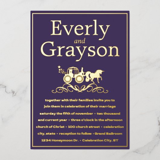 Unicorn Fairytale Paarse Gold Wedding Folie Uitnodiging (Voorkant)