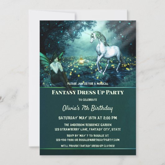 Unicorn Fantasy Aankleden Verjaardagsfeestuitnodig Kaart (Voorkant)