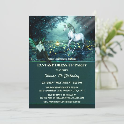 Unicorn Fantasy Aankleden Verjaardagsfeestuitnodig Kaart (Staand voorkant)