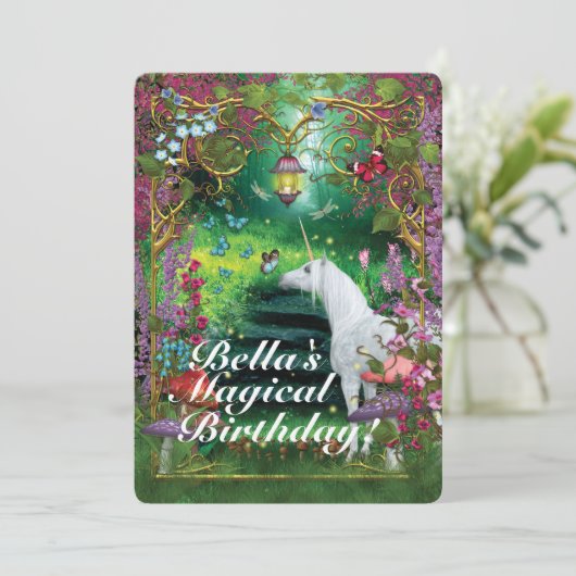 Unicorn Fantasy Woodland Verjaardagsfeest Kaart (Staand voorkant)