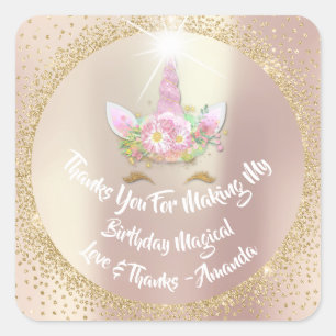 Unicorn Favor Pink Bedankt Floral Spark Glitter Vierkante Sticker
