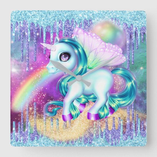 Unicorn fee winter glitter regenboogplein vierkante klok (Voorkant)
