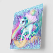 Unicorn fee winter glitter regenboogplein vierkante klok (Hoek)