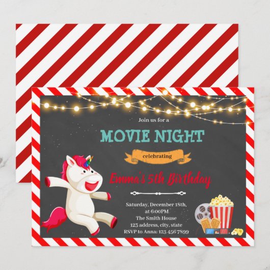 Unicorn film night party kaart (Voorkant / Achterkant)
