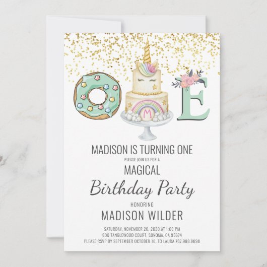 Unicorn First Birthday Gold Aqua Pink White Kaart (Voorkant)