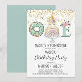 Unicorn First Birthday Gold Aqua Pink White Kaart (Voorkant / Achterkant)