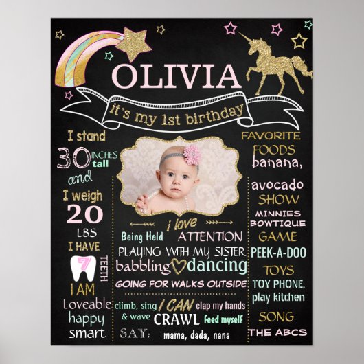 Unicorn First Birthday Party chalkboard foto Poster (Voorkant)