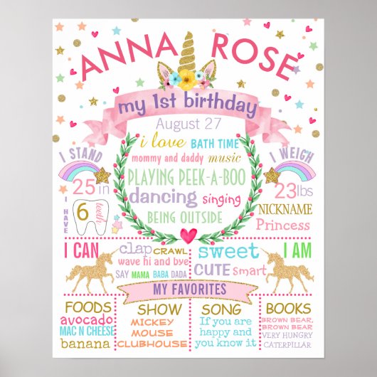 Unicorn First Birthday Party sign poster (Voorkant)