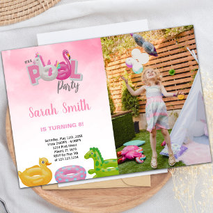 Unicorn Flamingo Pool Birthday Invitation foto Kaart