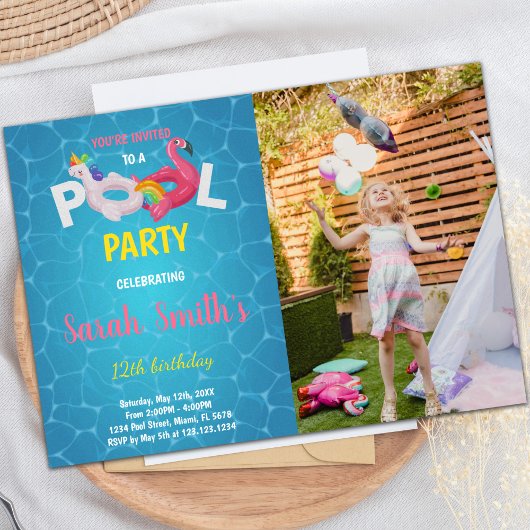 Unicorn Flamingo Pool Birthday Invitation foto Kaart