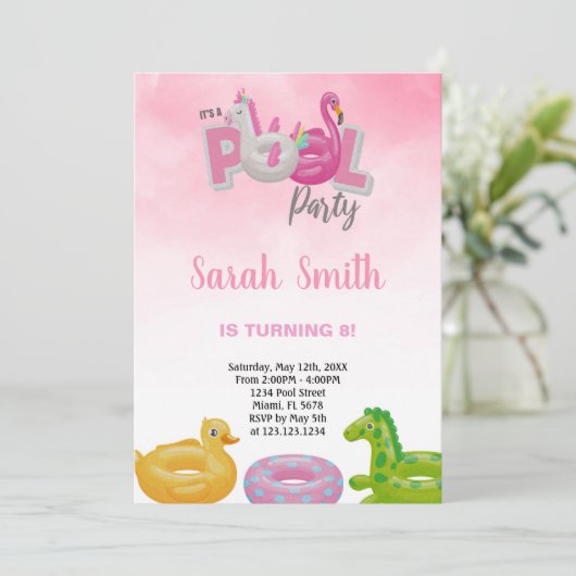 Unicorn Flamingo Pool Birthday Invitations Kaart (Staand voorkant)