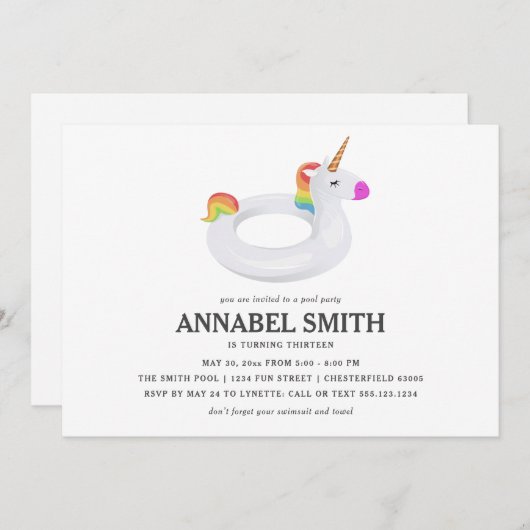 Unicorn Float Birthday Pool Party Kaart (Voorkant / Achterkant)