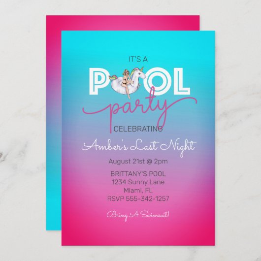 Unicorn Float Summer Pool Bachelorette Kaart (Voorkant / Achterkant)