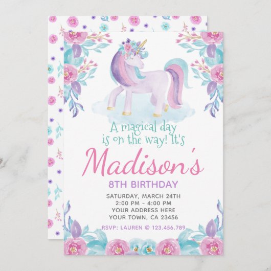 Unicorn Floral Birthday Invitation Kaart (Voorkant / Achterkant)