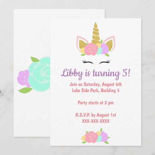 Unicorn Floral Birthday Party Invitation  Kaart (Voorkant / Achterkant)