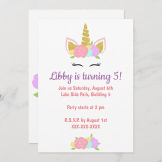 Unicorn Floral Birthday Party Invitation Kaart