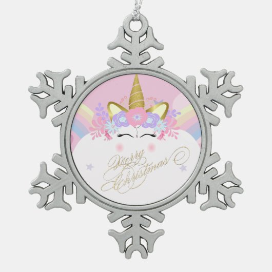 Unicorn Floral Crown, pretkerst Tin Sneeuwvlok Ornament (Voorkant)