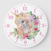 Unicorn Floral Kinder Wall Clock Grote Klok (Voorkant)
