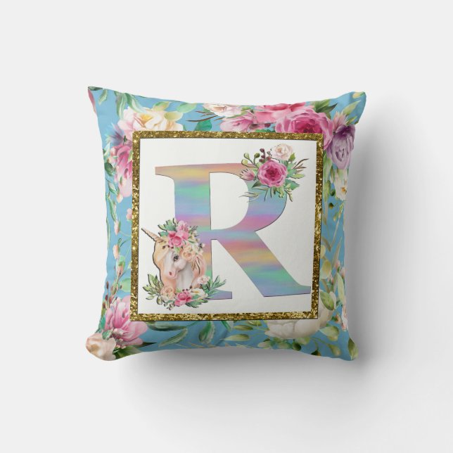 Unicorn Floral Monogram Pillow Kussen (Voorkant)