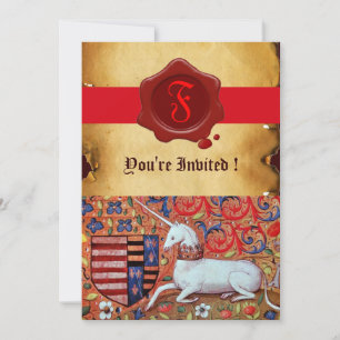 UNICORN FLORAL PARCHMENT RED WAX SEAL MONOGRAM KAART